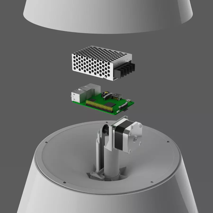 Lamp exploded view showing internal electronics.